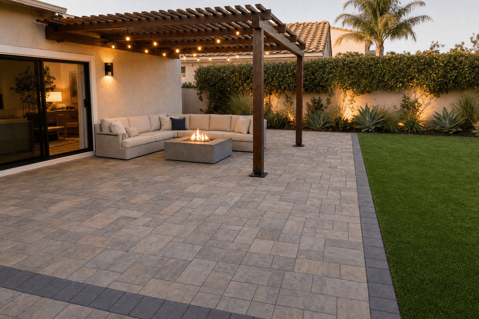 Design reference representative of our design and installation work. Interlocking concrete paver patio with soldier-course border, integrated turf, attached wood pergola with warm string lights, cream sectional and a square concrete gas fire feature, photographed at golden hour.